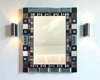 Espejo rectangular de 60x50 cm en mosaico negro: decoración de pared de estilo industrial zen para baño, pieza de arte única.