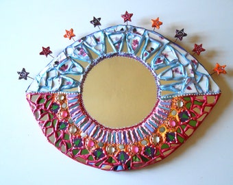 miroir mosaïque œil décoration murale " œil étoilé porte bonheur" 50 X 43 cm pièce unique