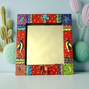 handmade square mirror on wood ceramic and paint  &quot;sun moon and penguins&quot; unique interior wall decoration, vintage style ,men birthday gift