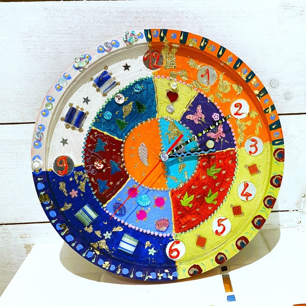 horloge "Roxane" diam. 30 cm décoration murale peinture sur bois -mosaïque cadeau unique