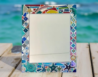 Mosaikspiegel aus Keramik und Glas „Mond und Schildkröte“ handgefertigt, anpassbar, hergestellt in Frankreich, Wanddekoration für Zuhause