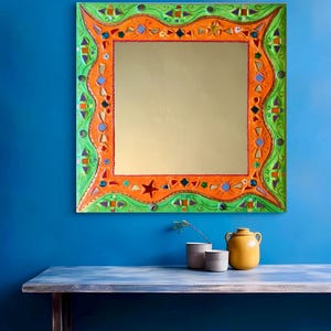 customizable square wall mirror &quot;orange and green stars&quot; painting and ceramic unique gift art  26 X 26 inches wall art home