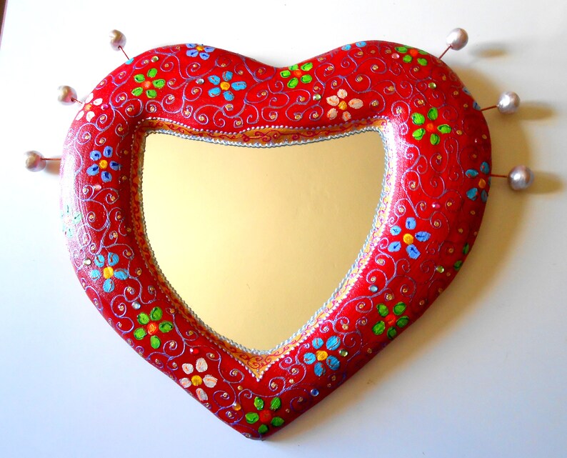 heart wall decor mirror on sculpted volume flowery heart 20 X 19 inchs paint mosaic image 2