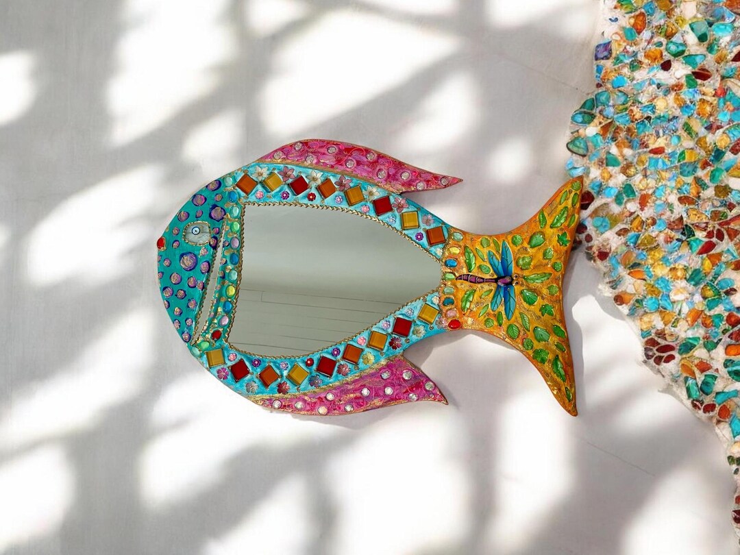 Mirror Pattern Fish Multicolored Fish-shaped Wall Mirror, Handmade With Mosaic and Paint ...