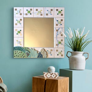 ceramic mosaic mirror-plant white- unique interior decoration ,handmade ,ideal gift for the home ,nature square wall mirror,art gift