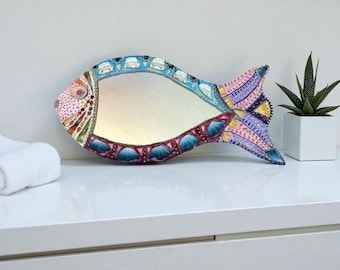 wall-mounted fish mirror -- a chic and romantic one-of-a-kind piece featuring color, mosaic, and recycled materials; a unique work of art