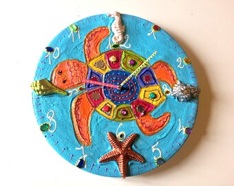 horloge peinture mosaïque "tortue de Tahiti" diam 30 cm- 11.8 inch décoration murale ronde