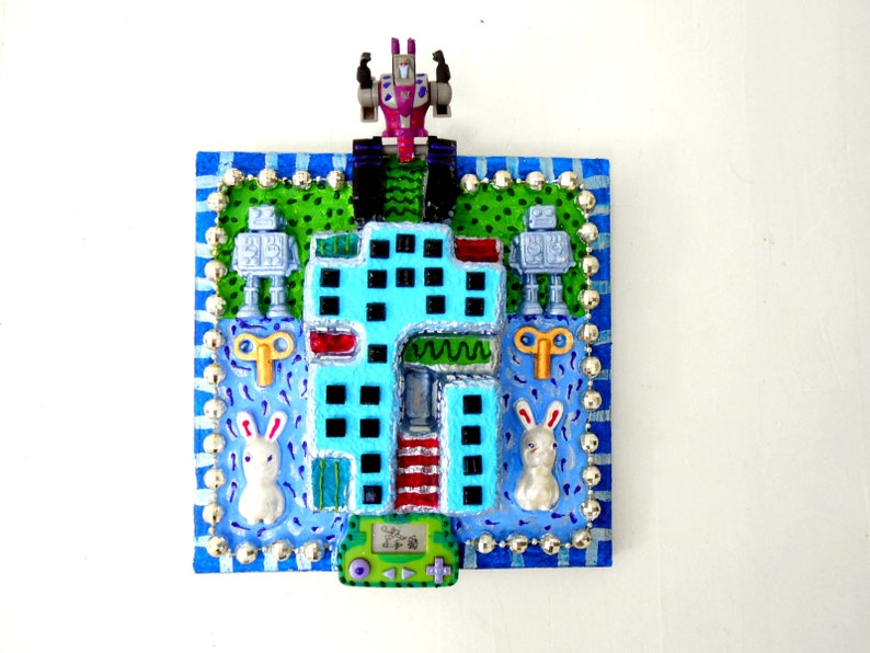 tableau en recyclage transformer et lapins crétins peinture et mosaïque en volume image 1