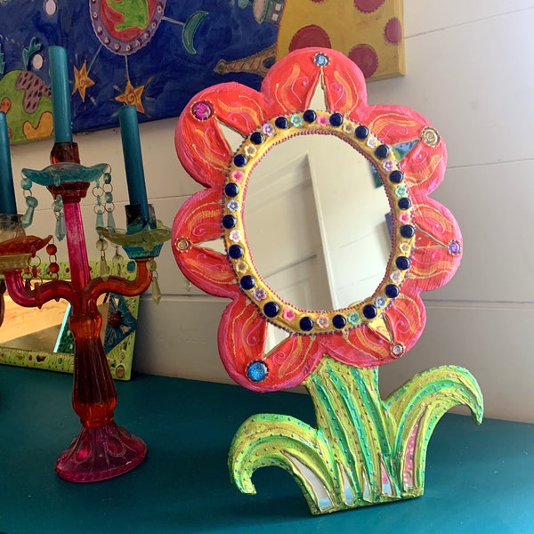 miroir à poser 'grande fleur rouge,' décoration de maison peinture sur bois