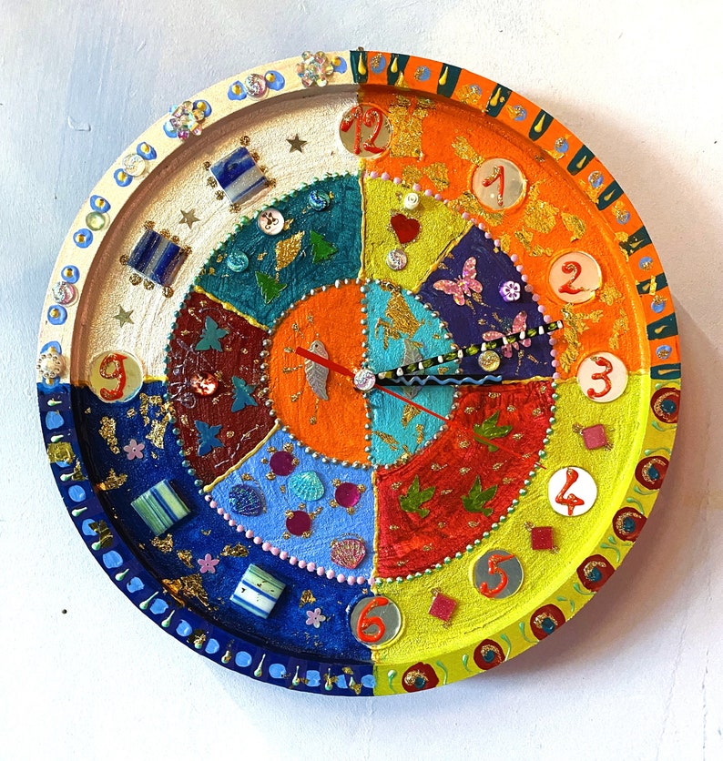 horloge Roxane diam. 30 cm décoration murale peinture sur bois mosaïque cadeau unique image 6