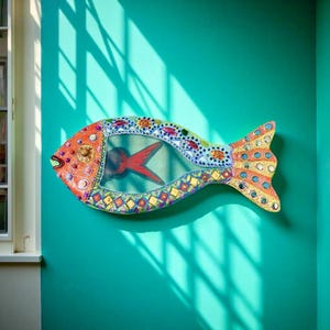Handmade MOSAIC FISH MIRROR Wall Art –Unique Mixed Technique Stained Glass Bathroom Mirror With Pearl Garlands -Custom Beach-Themed Décor