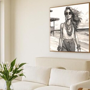 Fashion Illustrations Island Vacation Black and White High Resolution Digital Download Print Wall Art