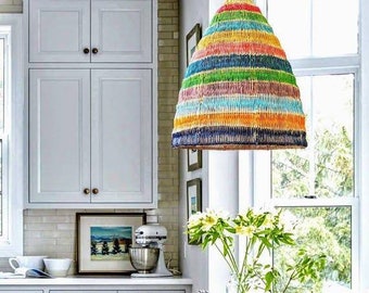 Rainbow Rattan Pendant | Sustainable Lighting Chandelier Design | Eco Friendly Decor | Wicker Lampshade Mid Century Design