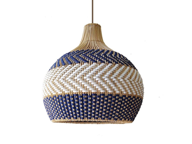 Free shipping to United States, Canada, Australia, New Zealand and Asia.

Serena Blue rattan pendant light. Beautiful coastal chandelier, woven pendant light rattan drop pendants.