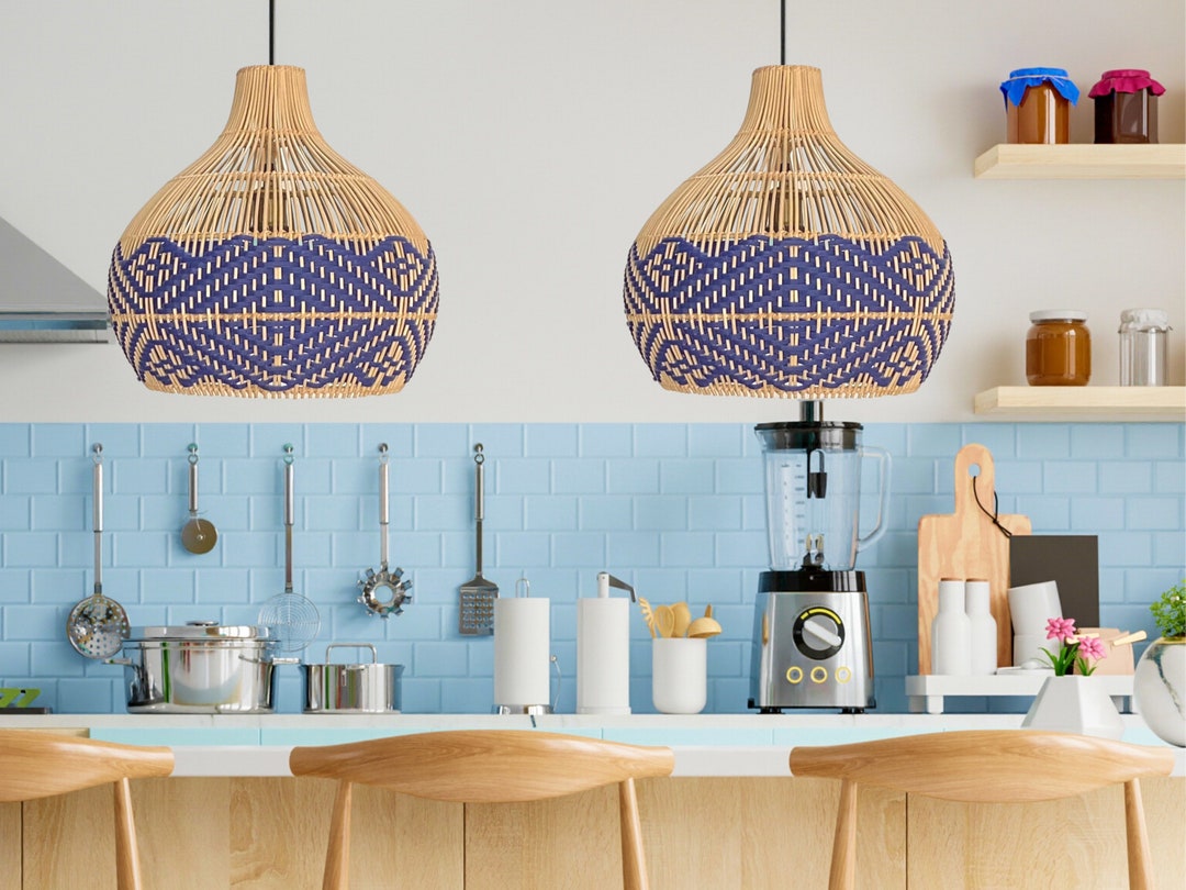 Serena Blue Rattan Pendant Light Singapore Rattan Pendant Light, Wicker