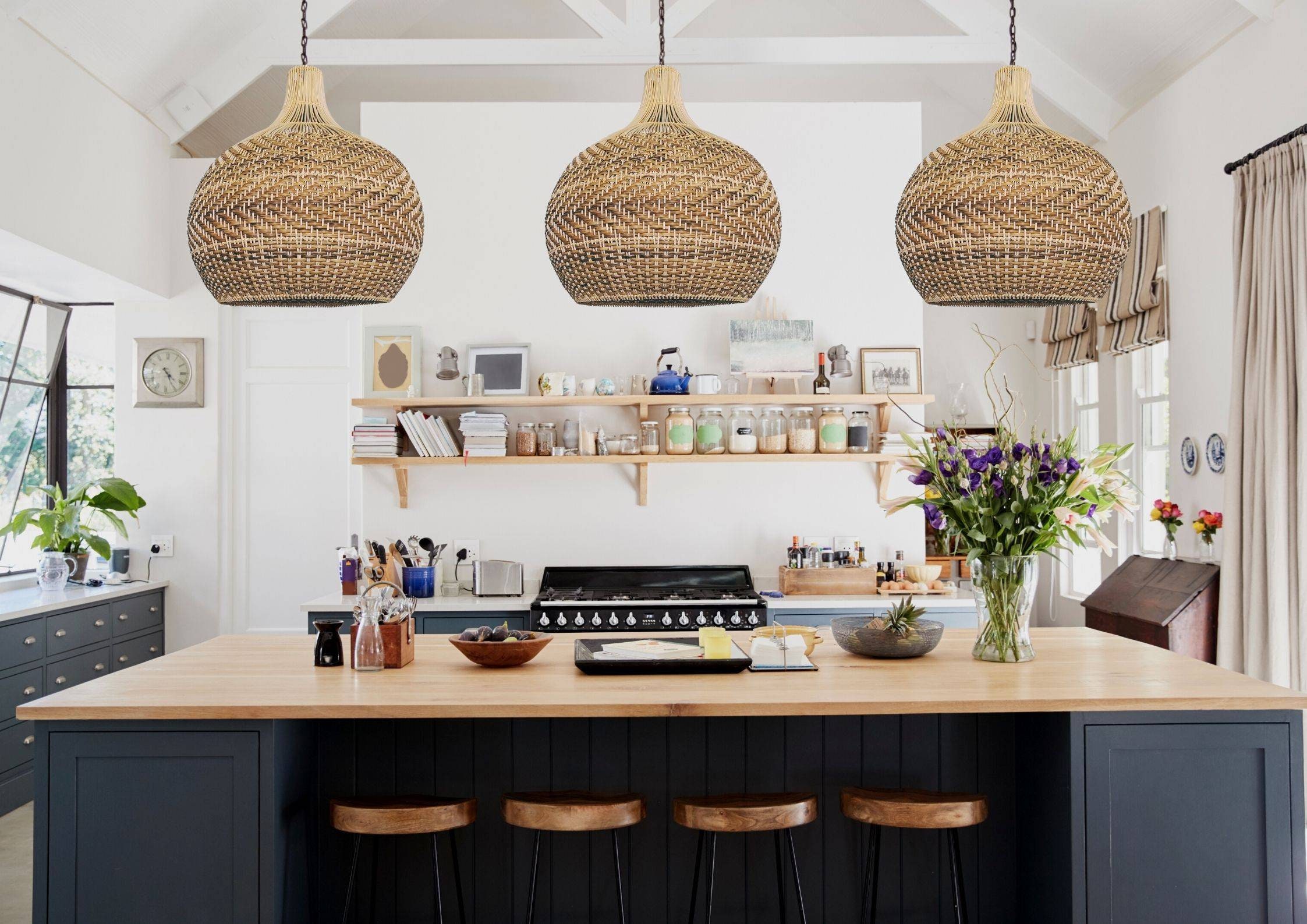 thumbnail image 2 of BNHHLZ Woven Rattan Pendant Light Boho Light Fixture Black Wicker Coastal Pendant Lighting Mini Pendant Lights For Kitchen Island Living Room Dining Room (6.69 In, 2-Pack 2 of 9