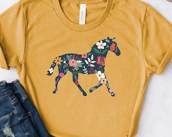 Floral Horse Shirt: Softstyle Unisex Tee, Equestrian Gift