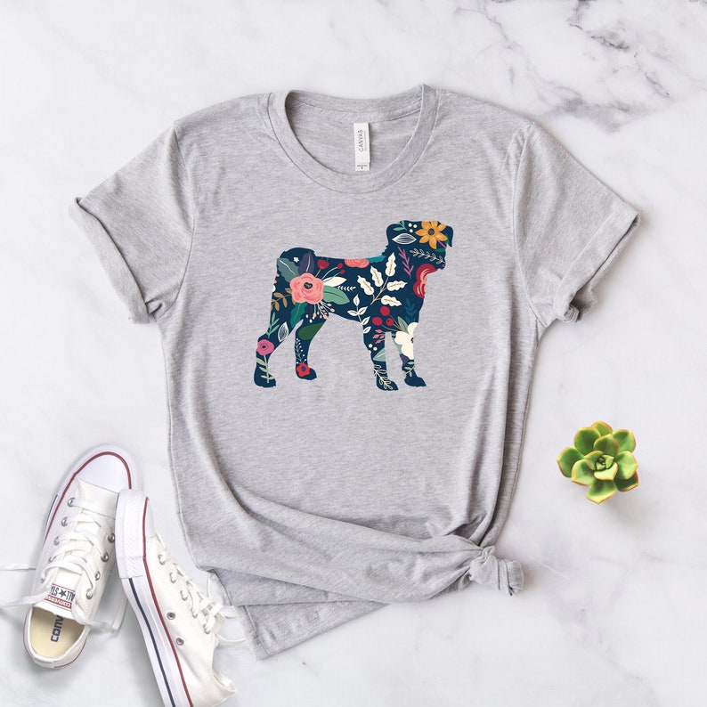 Pug Shirt Pug Gift Pug Tshirt Pug Floral Print Pug Gifts Dog Shirt Dog Floral Shirt Pug Clothing Softstyle Unisex Tee Heather Grey