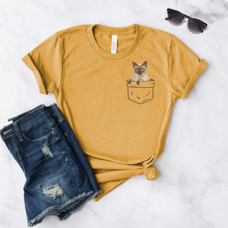 Siamese Cat Pocket Shirt, Softstyle Unisex Tee Heather Mustard