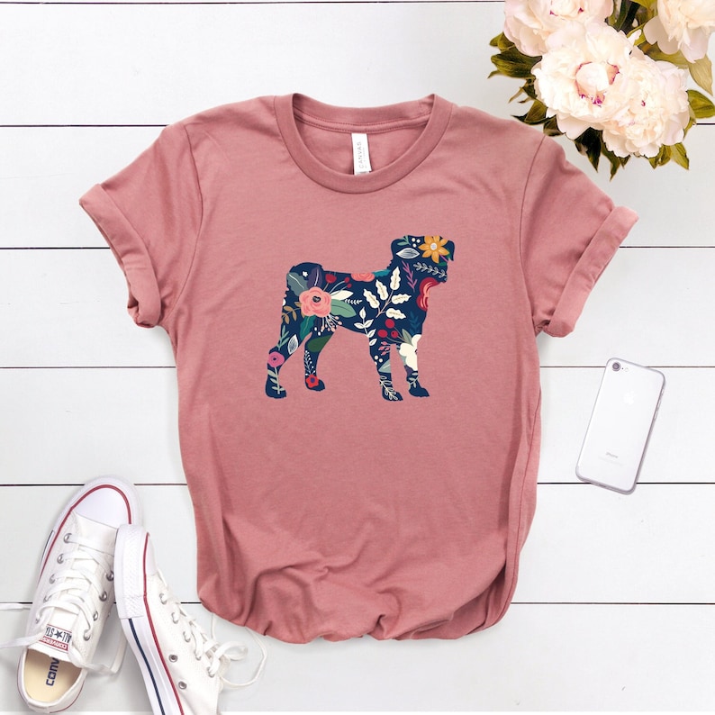 Pug Shirt Pug Gift Pug Tshirt Pug Floral Print Pug Gifts Dog Shirt Dog Floral Shirt Pug Clothing Softstyle Unisex Tee Mauve