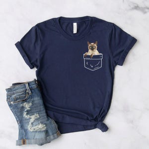 Siamese Cat Pocket Shirt, Softstyle Unisex Tee Navy