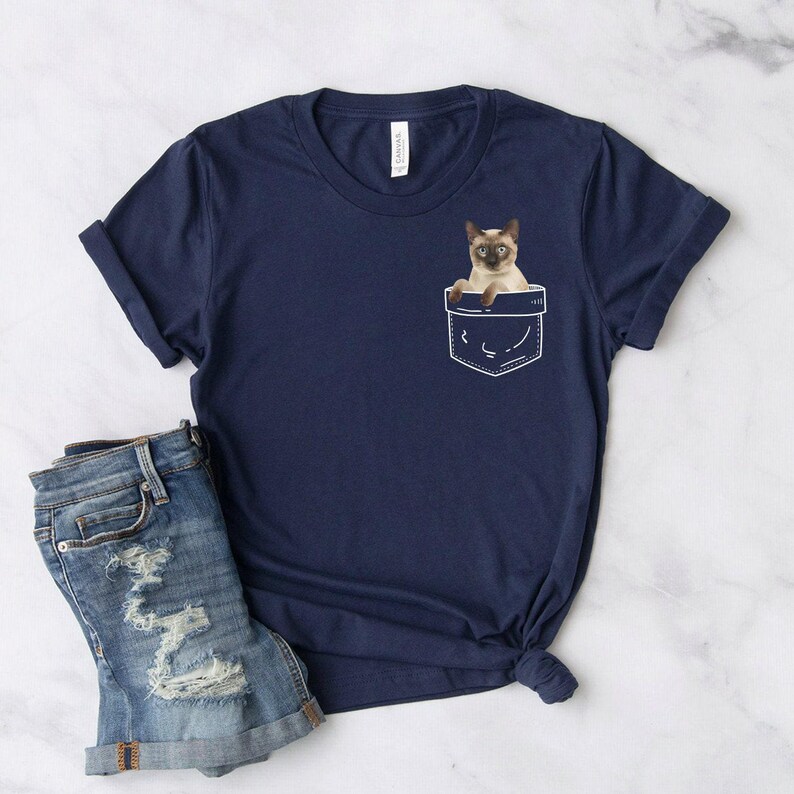 Siamese Cat Pocket Shirt, Softstyle Unisex Tee Navy
