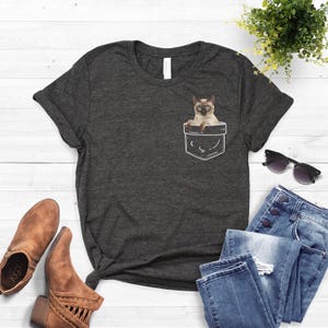 Siamese Cat Pocket Shirt, Softstyle Unisex Tee Dark Heather Grey