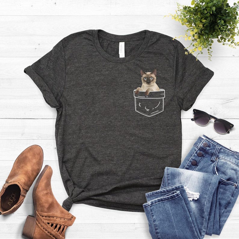 Siamese Cat Pocket Shirt, Softstyle Unisex Tee Dark Heather Grey
