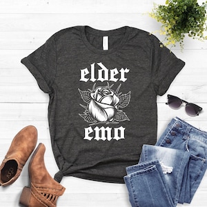 Elder Emo Shirt - Rose Graphic Softstyle Unisex Tee Dark Heather Grey