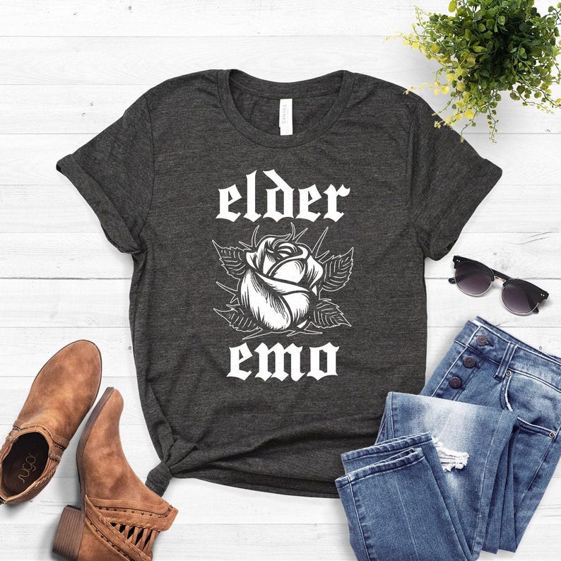 Elder Emo Shirt - Rose Graphic Softstyle Unisex Tee Dark Heather Grey