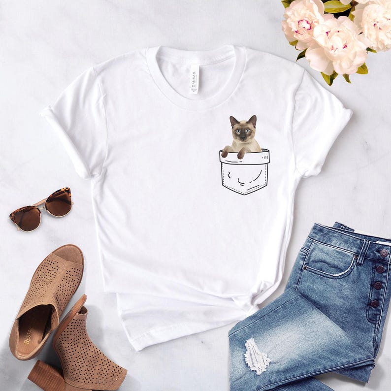 Siamese Cat Pocket Shirt, Softstyle Unisex Tee White