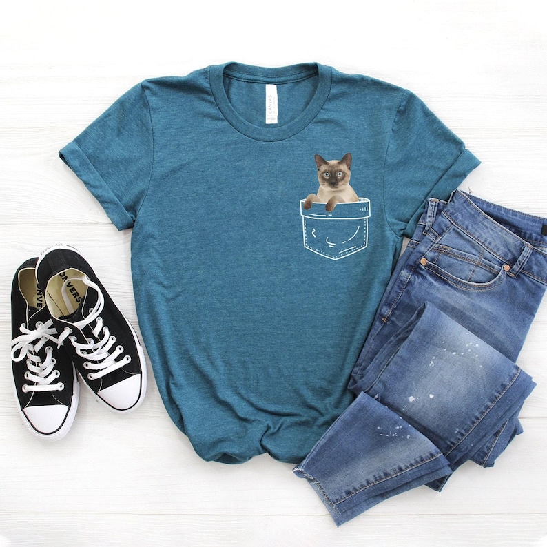 Siamese Cat Pocket Shirt, Softstyle Unisex Tee Heather Teal