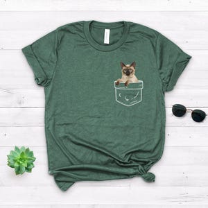 Siamese Cat Pocket Shirt, Softstyle Unisex Tee Heather Forest Green