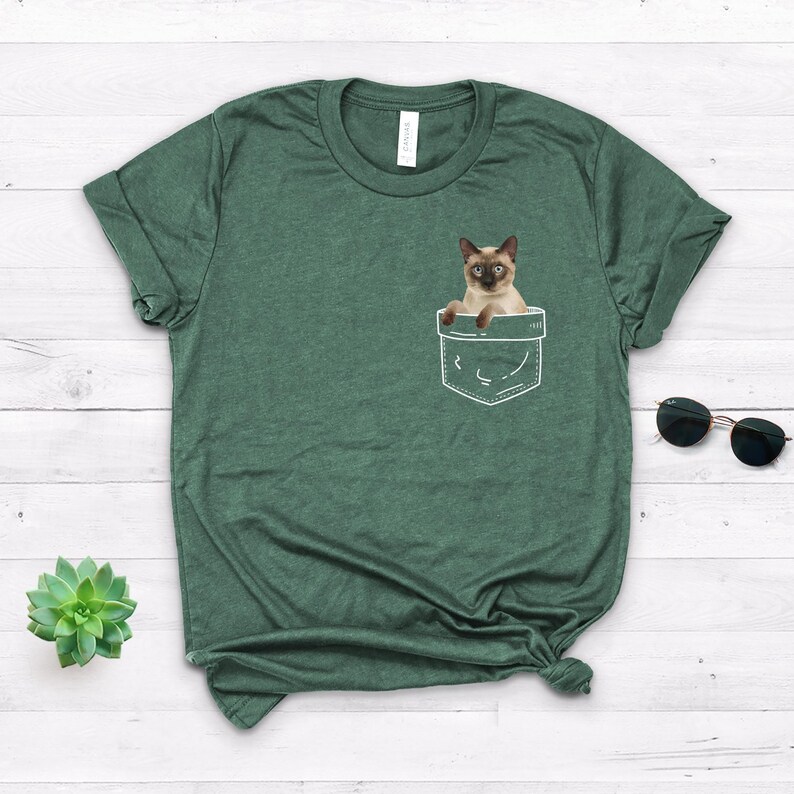 Siamese Cat Pocket Shirt, Softstyle Unisex Tee Heather Forest Green