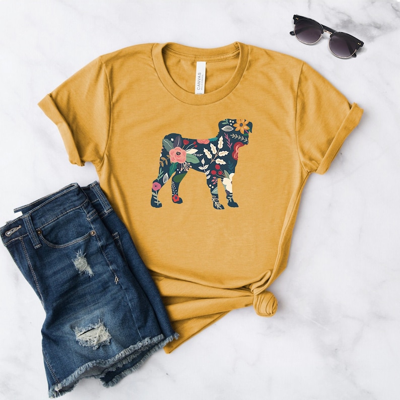 Pug Shirt Pug Gift Pug Tshirt Pug Floral Print Pug Gifts Dog Shirt Dog Floral Shirt Pug Clothing Softstyle Unisex Tee Heather Mustard