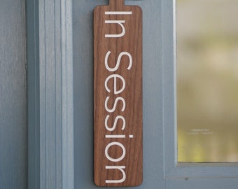 In Session Sign, Please Knock, Please Come In, Welcome, Reversible Door Hanger - Walnut Wood with White Engraving