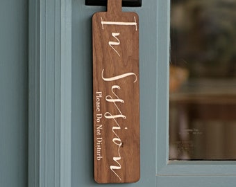 In Session Sign, Please Knock First, Reversible Door Hanger - Walnut Wood with White Engraving