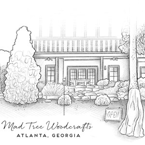 Hand-drawn storefront illustration of Mad Tree Woodcrafts in Atlanta, Georgia with trees, porch, and open sign