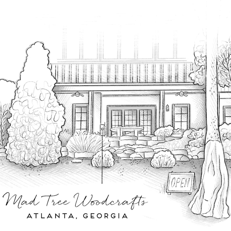 Hand-drawn storefront illustration of Mad Tree Woodcrafts in Atlanta, Georgia with trees, porch, and open sign
