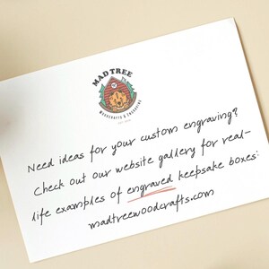 Handwritten note with Mad Tree Woodcrafts logo encouraging customers to visit the website for engraved keepsake box ideas