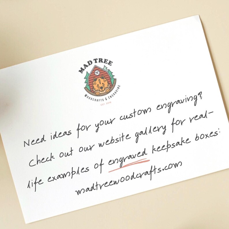 Handwritten note with Mad Tree Woodcrafts logo encouraging customers to visit the website for engraved keepsake box ideas