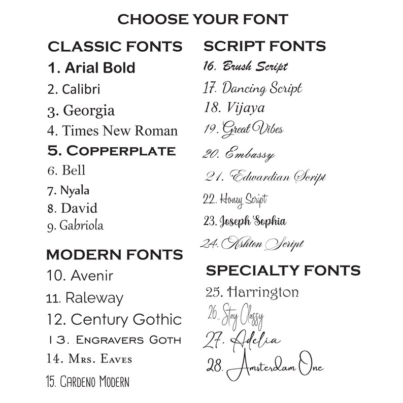 May include: A black and white font selection chart titled CHOOSE YOUR FONT. It lists 28 numbered options categorised into Classic, Script, Modern, and Specialty fonts, displaying various typeface styles including Arial Bold, Copperplate, and Amsterdam One.
