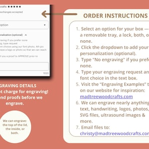 Ordering and engraving instructions for Mad Tree Woodcrafts boxes, including personalization steps, font choices, and contact info