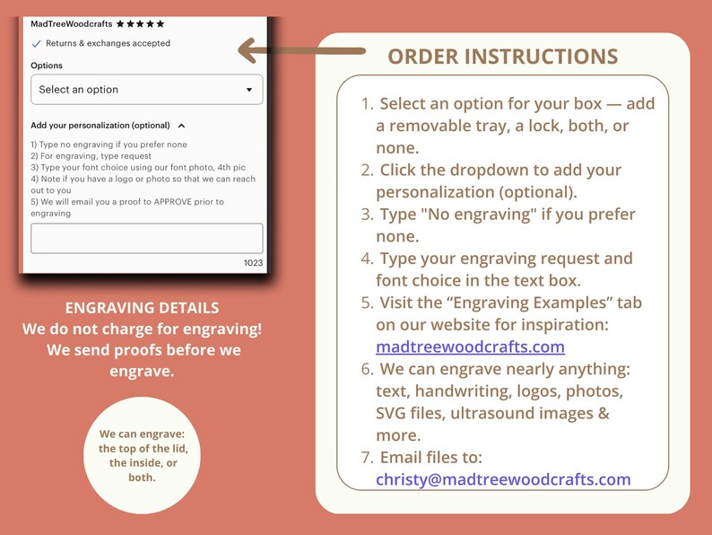 Ordering and engraving instructions for Mad Tree Woodcrafts boxes, including personalization steps, font choices, and contact info