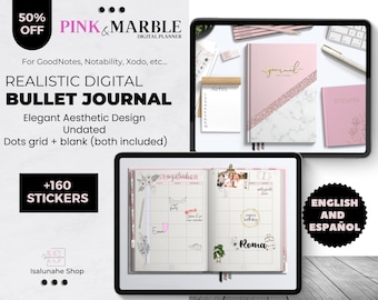Könnte beinhalten: Ein digitales Bullet Journal mit einem rosafarbenen Marmor-Cover. Das Journal ist auf einer September-Kalenderseite mit Stickern und handschriftlichen Notizen geöffnet. Das Journal ist für die Verwendung mit digitalen Notiz-Apps wie GoodNotes, Notability, Xodo und anderen konzipiert. Das Journal enthält über 160 Sticker und ist sowohl in Englisch als auch in Spanisch verfügbar.