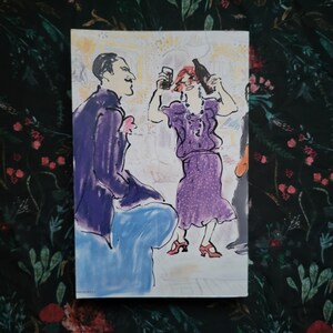 K&ouml;nnte beinhalten: Ein Gem&auml;lde, das zwei Personen in einer gesellschaftlichen Umgebung zeigt. Die Frau tr&auml;gt ein violettes Kleid und h&auml;lt ein Glas Wein in der Hand. Der Mann tr&auml;gt einen violetten Anzug und sitzt. Das Gem&auml;lde ist in einem lockeren, expressiven Stil ausgef&uuml;hrt.