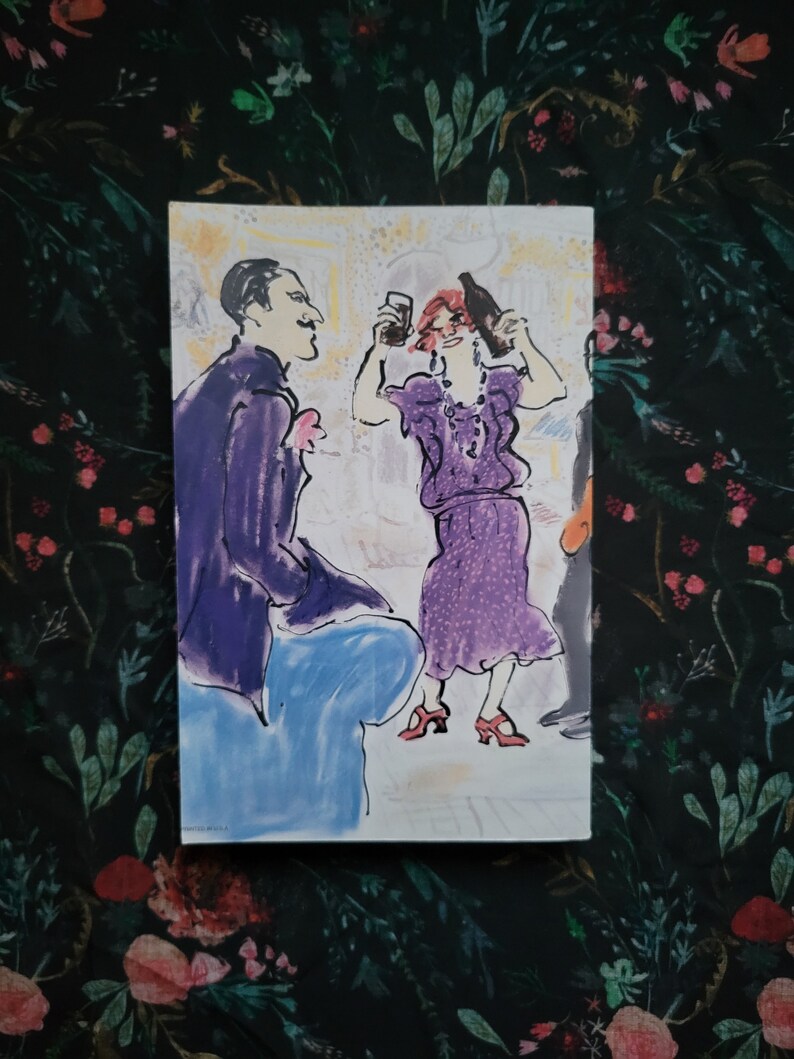 K&ouml;nnte beinhalten: Ein Gem&auml;lde, das zwei Personen in einer gesellschaftlichen Umgebung zeigt. Die Frau tr&auml;gt ein violettes Kleid und h&auml;lt ein Glas Wein in der Hand. Der Mann tr&auml;gt einen violetten Anzug und sitzt. Das Gem&auml;lde ist in einem lockeren, expressiven Stil ausgef&uuml;hrt.