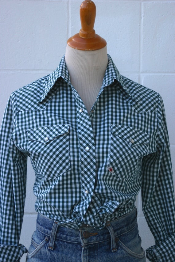 vintage GWG green and white gingham shirt | 1970s 