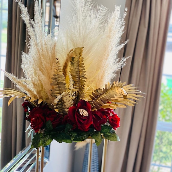 Bohemian Red and Gold Pampas Grass Floral Arrangement Wedding Centerpiece 