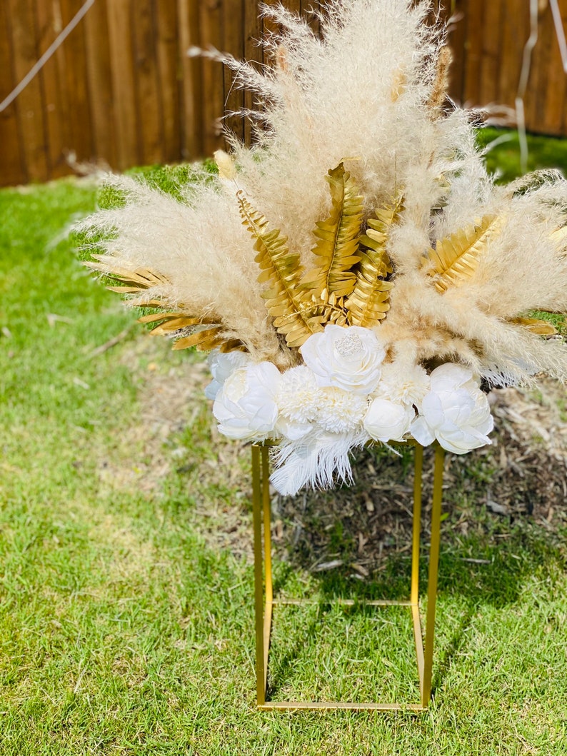 Boho white and gold pampas grass floral arrangement wedding centerpiece image 5